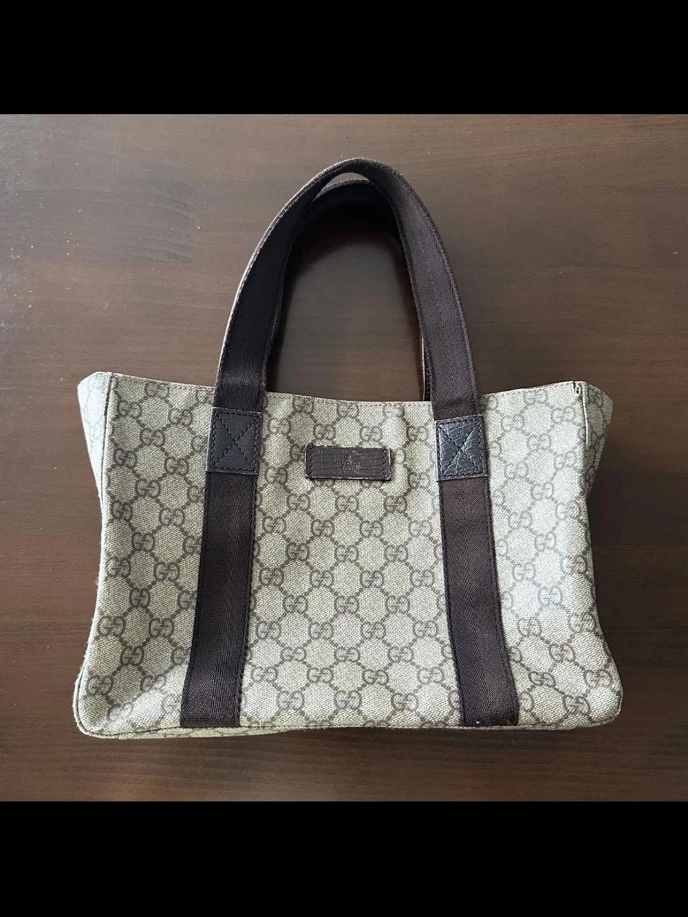 Gucci Beige GG Canvas Messenger Tote with Dark Brown Trim